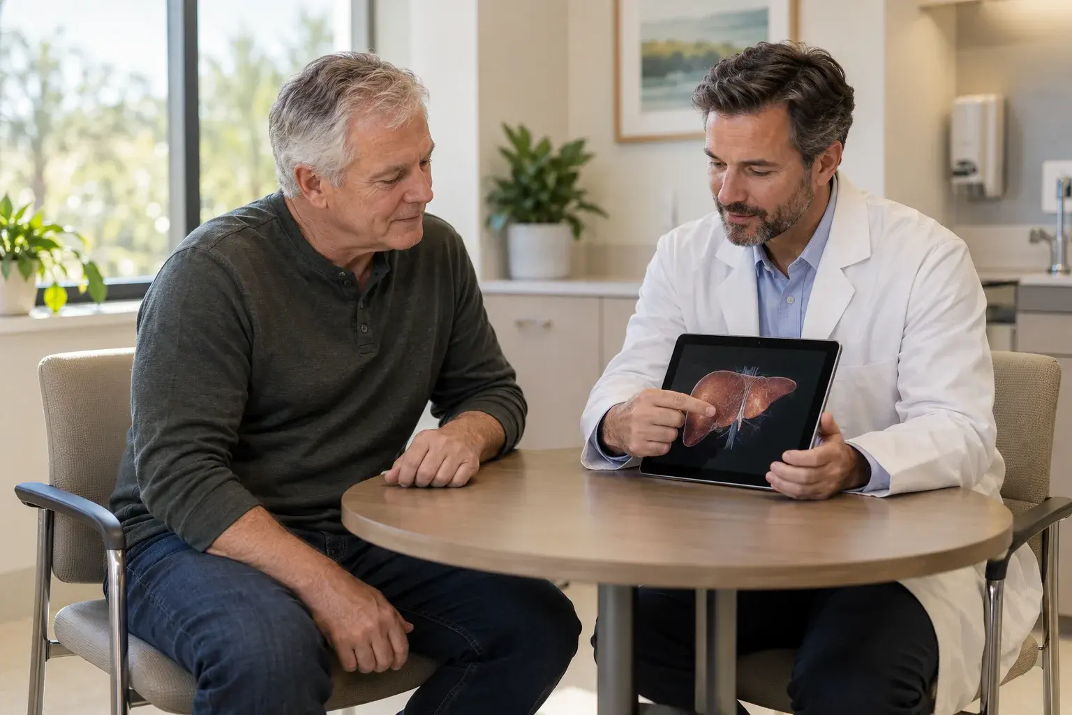 A male research participant and male clinician reviewing liver study information together.